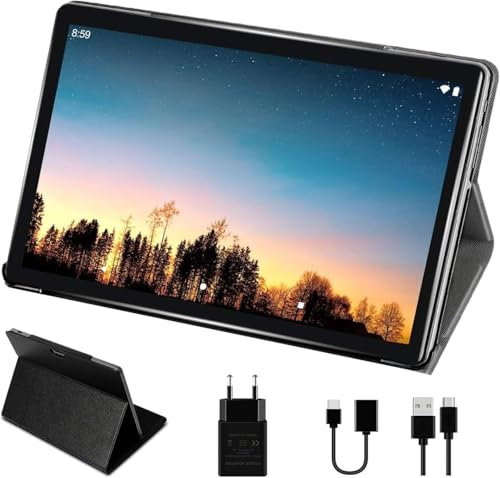 SUAAT 2025 10 pollici Android Tablet 4GB RAM + 64GB ROM con Quad Core | Batteria 8000mAh | Doppia fotocamera 5+8MP | WiFi 5G| Bluetooth | OTG | MicroSD 4-256 GB, con custodia - Grigio