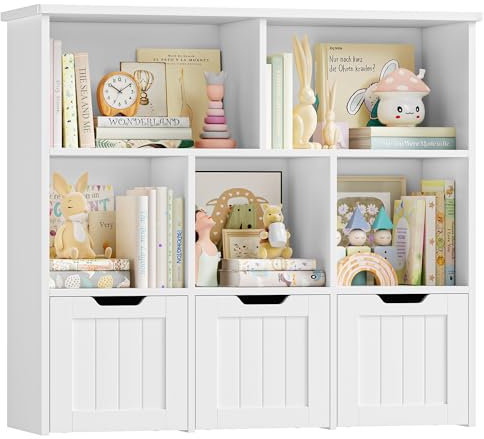 FOREHILL Kids Toy Storage Unit Childrens Bookcase Toy Organiser Kids Bookshelf, 5 Open Shelves, 3 Drawers with Wheels, for Nursery Playroom White 100x33x89.5cm