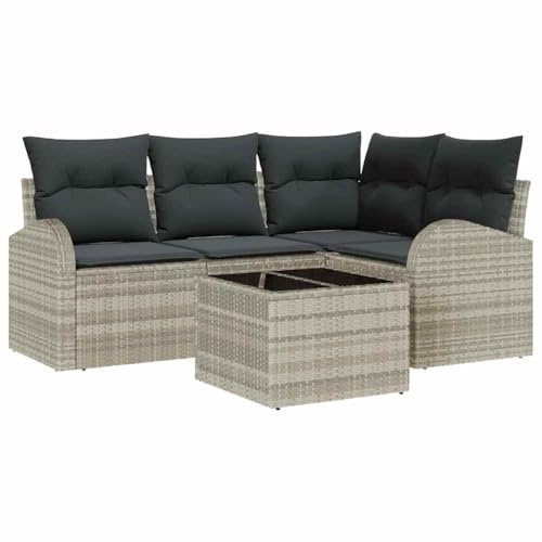 vidaXL 5-teiliges Garten-Sofa-Set mit Kissen in Hellgrau aus Poly Rattan | Verstellbare Füße, modulare Outdoor-Sitzmöbel für die Terrasse, Couch-Lounge, sectionale Anordnung