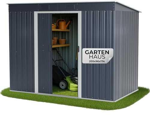 STREND PRO Metall Gartenhaus mit Unterbau, Anthrazit, 217 x 110 x 174 cm | Solide & Langlebig | Geräteschuppen mit 2 Schiebetüren | Garten gerätehause | Gartenlaube | Blechhütte | Fahrradgarage