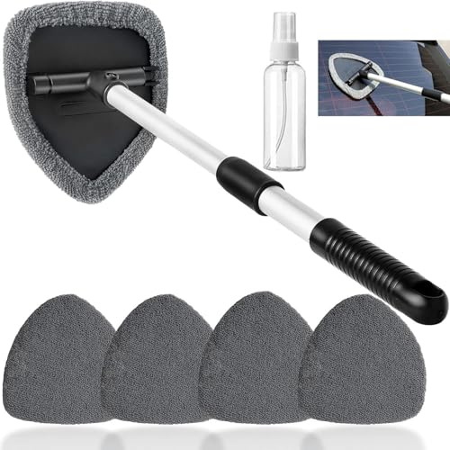 Windscreen Cleaner Tool,Car Window Cleaner with 4 Reusable & Washable Microfiber Pads,1 Spray Bottles,Extendable & Telescopic Handle Car Windshield Cleaning Brush for Inside Glass Wiper (Grey)