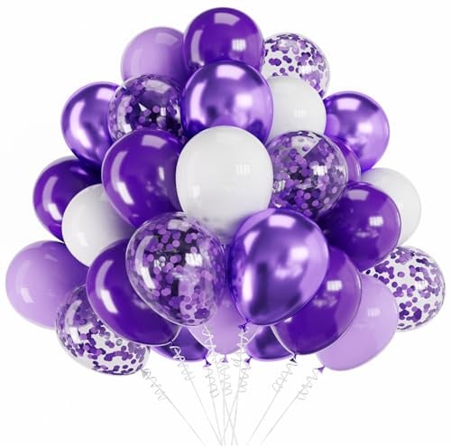 60 Stück lila und weiße Luftballons, 30,5 cm, Metall, violette Papierreste und Latexballons, Set für Geburtstag, Babyparty, Brautparty, Hochzeit, Party-Dekorationen