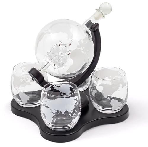 Hanseküche Caraffa per whisky - Caraffa da decantazione a forma di globo terrestre 900 ml con 4 bicchieri da whisky - Elegante set di caraffa per whisky da uomo - Idea regalo per compleanno, festa