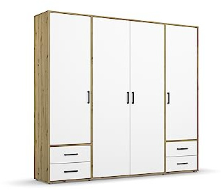Rauch Möbel Voyager, Kleiderschrank, Weiß/Eiche Artisan, Breite 187 cm | Schrank, Mehrzweckschrank, 4-türig, 4 Schubladen, Zubehör Classic, für Schlafzimmer, Kinderzimmer, Studentenwohnung