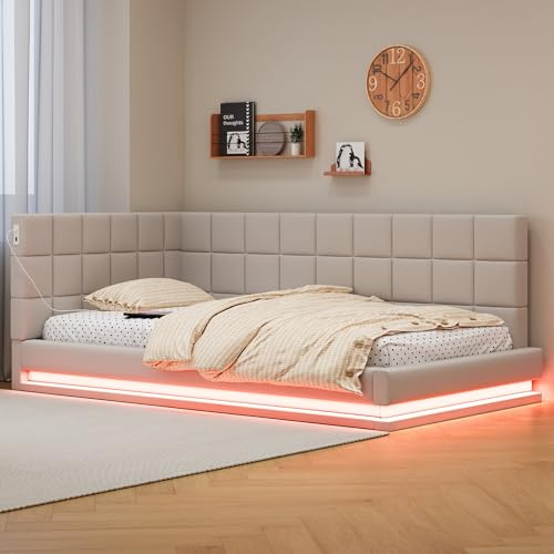 ZIDEY Polsterbett Schlafsofa 90x200 mit LED, USB-Steckdose, Tagesbett mit Lattenrost, Sofabett Funktionsbett Daybett, ohne Matratze, Beige