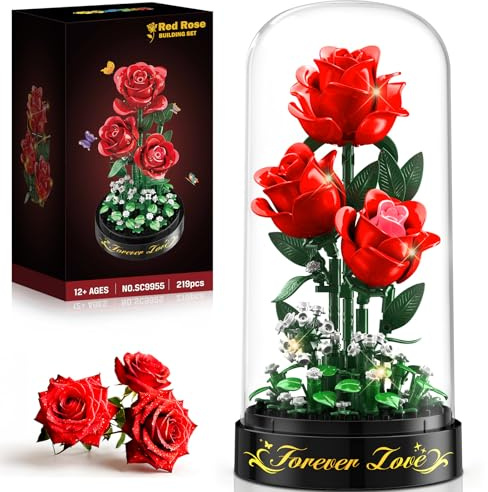 HiWEEGO Kit de Construction Bouquet Fleurs Rouges avec éclairage LED – 3,6 mm Micro Roses avec Cloche Protection Anti-poussière idéal pour Mamans Femmes Adultes 219 pcs Collection botanique décor