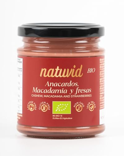 Crema de Anacardos, Macadamia y Fresas BIO Natuvid (200g) | Mantequilla de Frutos Secos Orgánica con Eritritol y Coco | Vegana y Sin Gluten | Ideal para Meriendas y Repostería