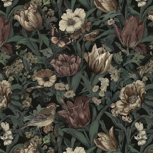 Timeet Peel and Stick Wallpaper 44cmx10m Sticky Back Plastic Dark Green Self Adhesive Contact Paper Thickened Vinyl Waterproof Vintage Bird Floral Pattern for Bedroom Living Room Furniture Makeover