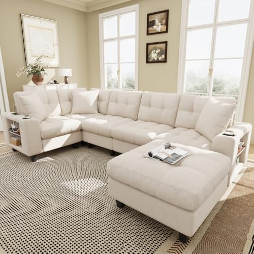 Hmluxury U-förmiges XXL-Modularsofa, 6-Sitzer Chenille Ecksofa mit Bücherregal-Armlehnen, verstellbarem Hocker, Becherhalter & USB-Anschlüssen fürs Wohnzimmer in Beige