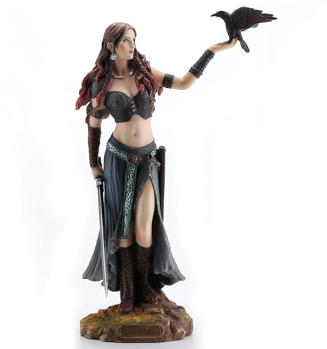 Veronese Resin Statuen Morrigan die keltische Kampfgöttin mit Krähe und Schwert Statue 6,5 X 10,25 X 3 Inches Mehrfarbig