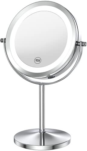 Benbilry LED Lighted Makeup Mirror - 7 Inch 1x/10x Magnifying Touch Control, Double Sided Magnified Vanity Mirror With Stand, Battery Operated (10x Dimmable)