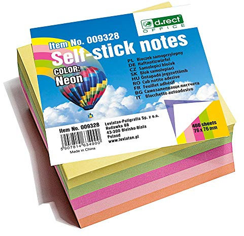 D.RECT Haftnotizen Neonfarben 76x76 mm – 400 Blatt – Selbstklebende Sticky Notes Würfel – Bunte Notizzettel für Büro, Schule und Zuhause – Wiederverwendbar & rückstandslos ablösbar