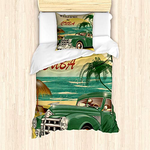 ABAKUHAUS Tropisch Bettbezug Set für Einzelbetten, Kuba Beach Ocean Palm, Milbensicher Allergiker geeignet mit Kissenbezug, Grüne Sahne Gelb