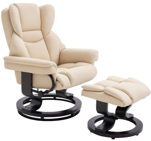 HOMCOM 360° Swivel Recliner Chair with Footstool PU Leather Cream | Manual Recliner Armchair, Solid Wood Base, Upholstered, Living Room, Bedroom, Office