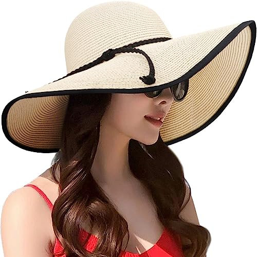 DRESHOW Damen Breit Krempe Strohhut Faltbar Schutz Strandhut Elegant Sommer Hut Sonnenhüte UPF 50+