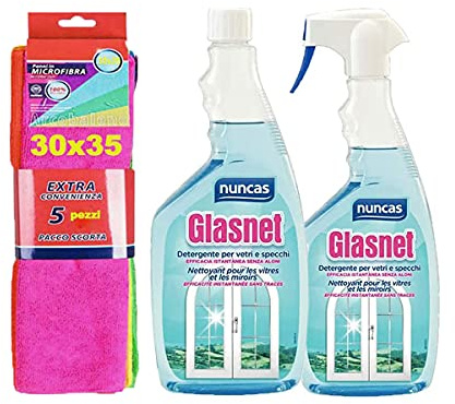Nuncas - Juego de limpieza de cristales: vaso de cristal de 750 ml + depósito de recarga de 750 ml + paño de microfibra