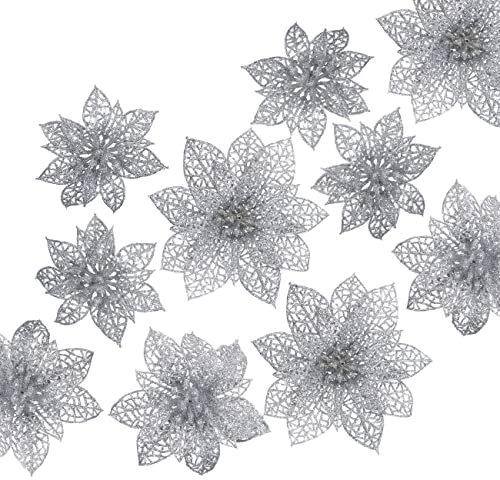 Naler 24-teilig Weihnachtsblumen Glitzer Blumen Weihnachten Deko Weihnachtsbaumschmuck Poinsettia für Weihnachtsbaum Adventskranz, Silber