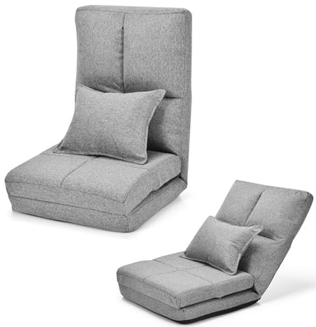 GOPLUS Bodenstuhl, Bodensessel mit 5-Fach Verstellbarer Rückenlehne & Kissen, Bodensofa mit Schlaffunktion, bis 100kg belastbar, Lesesessel Liegestuhl Meditationsstuhl für Wohnzimmer (Grau)