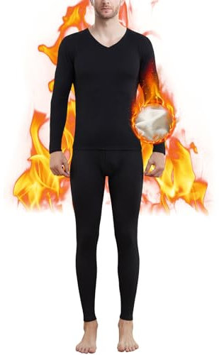 Thermounterwäsche Set Herren, Innenfleece Funktionsunterwäsche Winter Skiunterwäsche Warme Unterwäsche Set Atmungsaktiv Langarmhemd Lang Unterhose Thermowäsche für Laufen Skifahren Radfahren Black-2XL