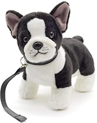 Uni-Toys - Französische Bulldogge (schwarz-weiß) mit Leine - 25 cm (Länge) - Plüsch-Hund - Plüschtier, Kuscheltier