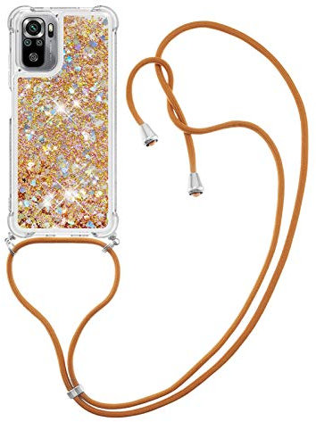 IMIRST Handykette Kompatibel mit Xiaomi Redmi Note 10S, Glitzer Flüssig Bewegende Treibsand Handyhülle mit Necklace mask Lanyard Schutzhülle für Redmi Note 10 4G/ Redmi Note 10S. LP Love Gold