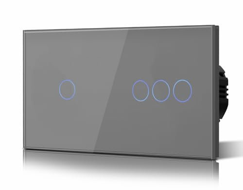 BSEED Interrupteur lumineux double tactile 1 compartiment 1 voie et 3 voies Interrupteur mural 110 V, 240 V Plaque de cristal trempé, avec rétroéclairage LED Pas de conducteur neutre Gris