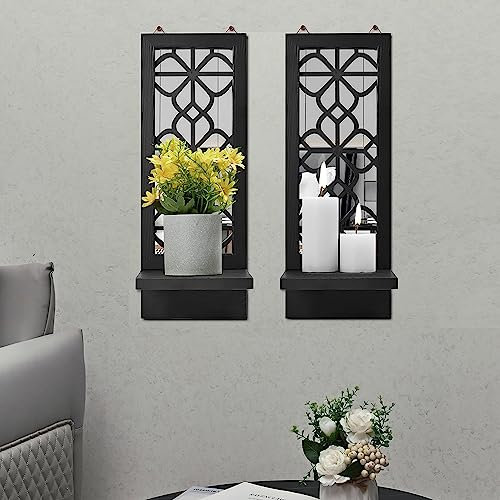 Yorkmills Kerzenleuchter Wanddeko 2er Set, Rustikale Schwarze Holz Wand Kerzenhalter mit Spiegel, Bauernhaus Kunst für Wohnzimmer, Esszimmer, Schlafzimmer, Badezimmer