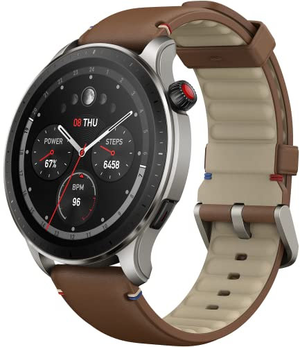 Amazfit GTR 4, 46 mm, Montre Connectée Homme GPS, SpO2/Cardiofréquencemètre/Moniteur de Sommeil, 150+ Modes Sportifs, Appel Bluetooth, Alexa, AMOLED Smartwatch Sport Bracelet en Cuir Brun