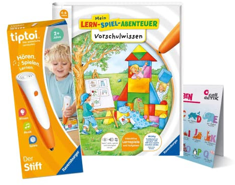 Ravensburger tiptoi Set: Mein Lern-Spiel-Abenteuer - Vorschulwissen (Lernbuch) + 00110 tiptoi Der Stift + ABC-Poster, Lernspielzeug für Kinder