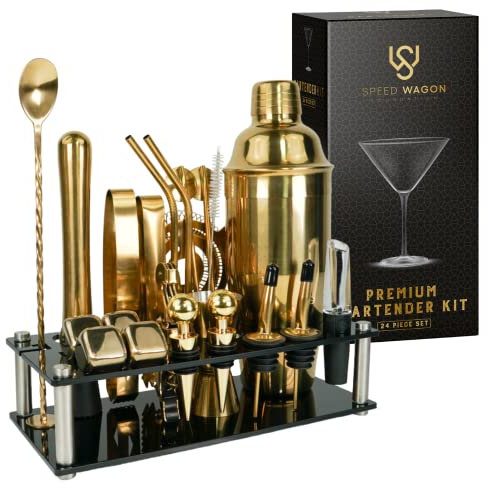 Mixology Bartender Kit – Set da 24 pezzi con shaker per cocktail dorato con supporto, accessori essenziali per la casa e bar, shaker Martini, Jigger, Muddler, cubi refrigeranti e altro