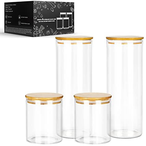 LIBWYS Lot de 4 bocaux à spaghetti de 5,6 l avec couvercle en bambou – en 2 tailles : 2000 ml 800 ml – bocaux de rangement hermétiques pour pâtes en verre borosilicate renforcé