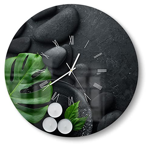 DEQORI Glasuhr | rund Ø 50 cm | Motiv Spa-Konzept auf Schiefer | große XXL Design Uhr aus Glas | leise Wanduhr für Wohnzimmer & Küche | Moderne Hingucker Uhr für die Wand