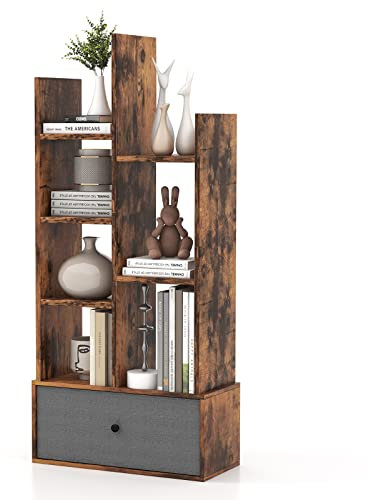 COSTWAY Tree Bookshelf, 7/12-Tier Wooden Bookcase Storage Shelving Unit with Folding Drawer, Freestanding Magazine Book Display Rack for Home Office Living Room (Rustic Brown with 1 Drawer, 7-Tier)