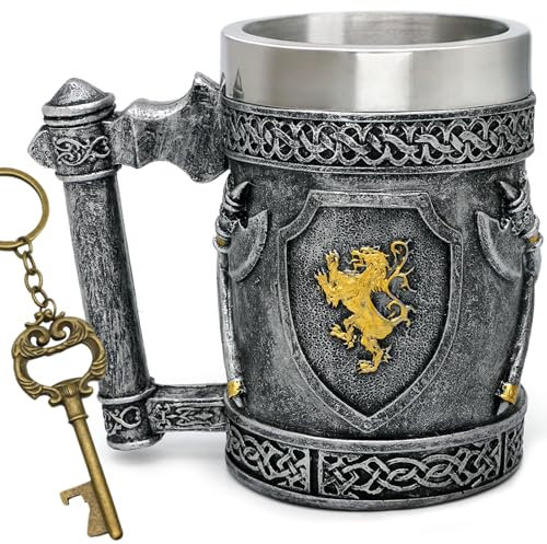 alikiki Large Medieval Axes Tankard Mug 21oz - Kingdom Of England Lion Heart Crest Beer Stein Stainless Coffee Cup Gifts for Men Renaissance Art Norse Decor Home Kitchen Party Decoration