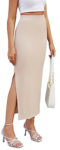 Hount Damen Rock Lang mit Schlitz Elastische Taille Sommerrock Einfarbig Casual A-Linie Röcke (S, Beige)