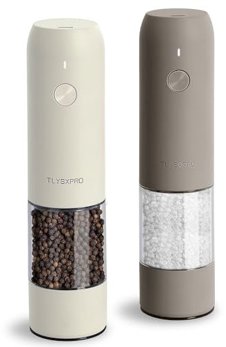 TLYSXPRO Electric Salt and Pepper Grinder Set, USB Rechargeable, Automatic Salt and Pepper Mill Grinder with Adjustable Coarseness, LED Light, Refillable (2 Packs, Greige&Buttercream)