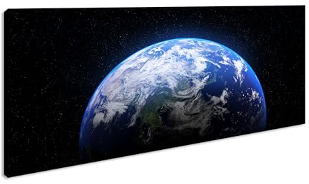 Leinwandbild Unser Planet Erde schwebt friedlich im weiten All Panorama Format: 120x60 cm XXL Kunstdruck Bild auf Keilrahmen/Wandbild/Wohnzimmer Deko