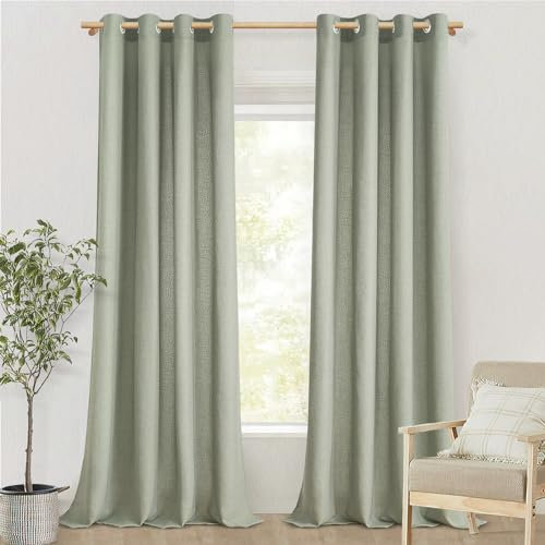 MRTREES Halbtransparente Gardinen Leinen Landhausstil Vorhänge Wohnzimmer Modern mit Ösen 2er Set, 240 cm Lang, 140 cm Breit, Vorhang Salbeigrün Schlafzimmer Leinenoptik Window Curtains