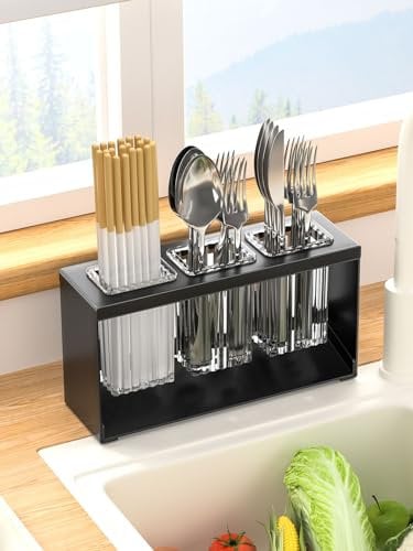 Hosoncovy Countertop Cutlery Drying Holder Cutlery Drainer Tableware Holder Box Tabletop Separated 3 Cups Fork Chopstick Kitchen Storage Cutlery Utensil Organizer (Black)