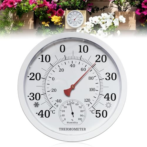 Molbory Rundes Thermometer Hygrometer - 10 Zoll Indoor Outdoor Thermometer, Außenthermometer, 2 in 1 Thermometer Hygrometer, Innen Aussenthermometer, Haus, Gartendekoration(Weiß)