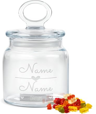 PR Print Royal Personalisierte Keksdose aus Glas mit Gravur - 550 ml - Linie mit Herz mit Namen und Datum als Geschenk für Frauen zum Jahrestag | Personalisiertes Geschenk Ideen Jahrestag