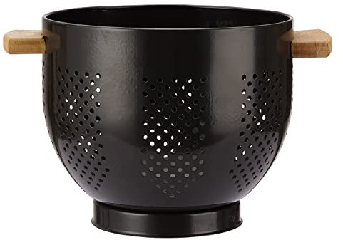 Passoire de Cuisine Avec Manche en Bois et Base Stable, 29 x 22 x 18 cm, Poudre Sûr Alimentaire Enduite, Grande Passoire Métal pour Légumes, Pâtes & Fruits (noir clair)