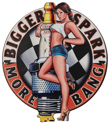 Moritz Blechschild 35 x 40 cm Zündkerze Pin Up Frau Rennen Auto Motor Deko Metallschild Retro Vintage Retro Sprüche lustig