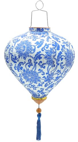 Uonlytech Chinesische Seidenlaterne Blaue Und Weiße Porzellan-Laternenlampe Vietnamesische Hängelaternen Hoian-Lampe Vietnam-Lampenschirm Floraler Frühling Festliche Laternen Lichter 30 5