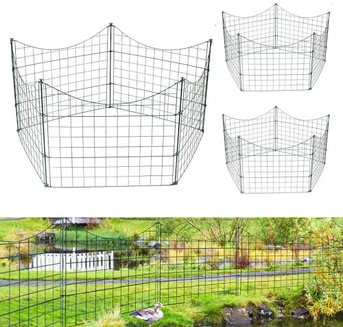 Fiqops Teichzaun Gartenzaun Steckzaun Komplettset Metall 15 Zaunelemente Länge 11,25 m, Inkl 18 Befestigungsstäbe, Hundezaun, Gitterzaun Set für Tierbarriere (Unterbogen,Grün)
