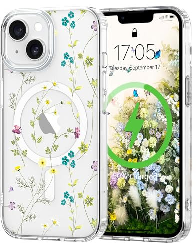 L-FADNUT Magnetisch Handyhülle für iPhone 14/13 Hülle Kompatibel mit MagSafe, Transparent Blumen Muster Schutzhülle Hart PC Rückseite Dünne Stoßfest Kratzfestes Case für iPhone 14/13, Gelb