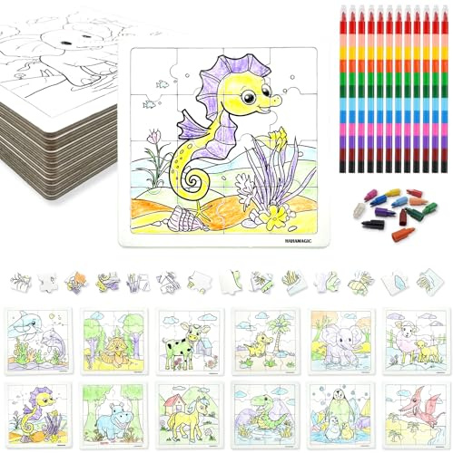 HahaMagic, 12PCS Puzzles zum Bemalen, mit 12 Wachsmalstifte (12-in-1) | Puzzles Selber Gestalten, geeignet als Kindergeburtstag Gastgeschenke und kleine geschenke für kinder