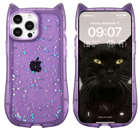 ZCDAYE for iPhone 16 Pro Max Case, Cute Cat Ear Case, Glitter Bling Soft TPU Bumper Protective Phone Cover for iPhone 16 Pro Max (6.9 inch), Purple Clear