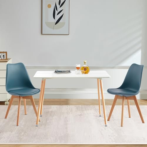 FURNITABLE Esszimmergruppe Esstisch mit 2 Stühlen Essgruppen, Rechteckig 110cm Küchentisch-Set und 2er Set Esszimmerstühle für Wohnzimmer Küche Büro (Weiß Tisch+2 Dunkelblau Stühle)
