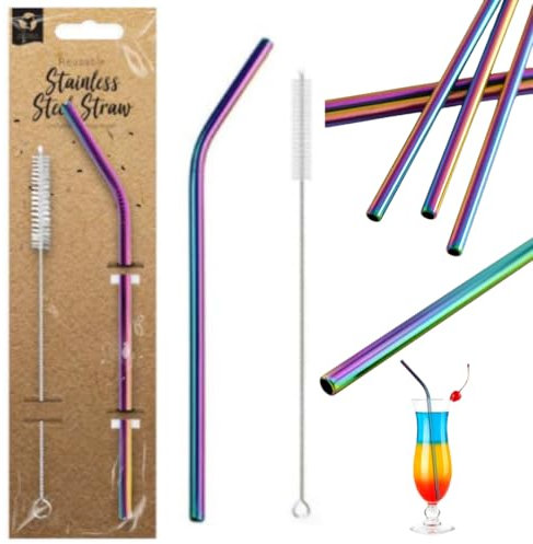 Citystores® Iridescent Rainbow Metal Straw With Brush Premium Stainless Steel Reusable Drinking Straw & Cleaning Tool Eco-friendly Durable Long Straw With Travel Cleaner For Home Office & On-the-go Us